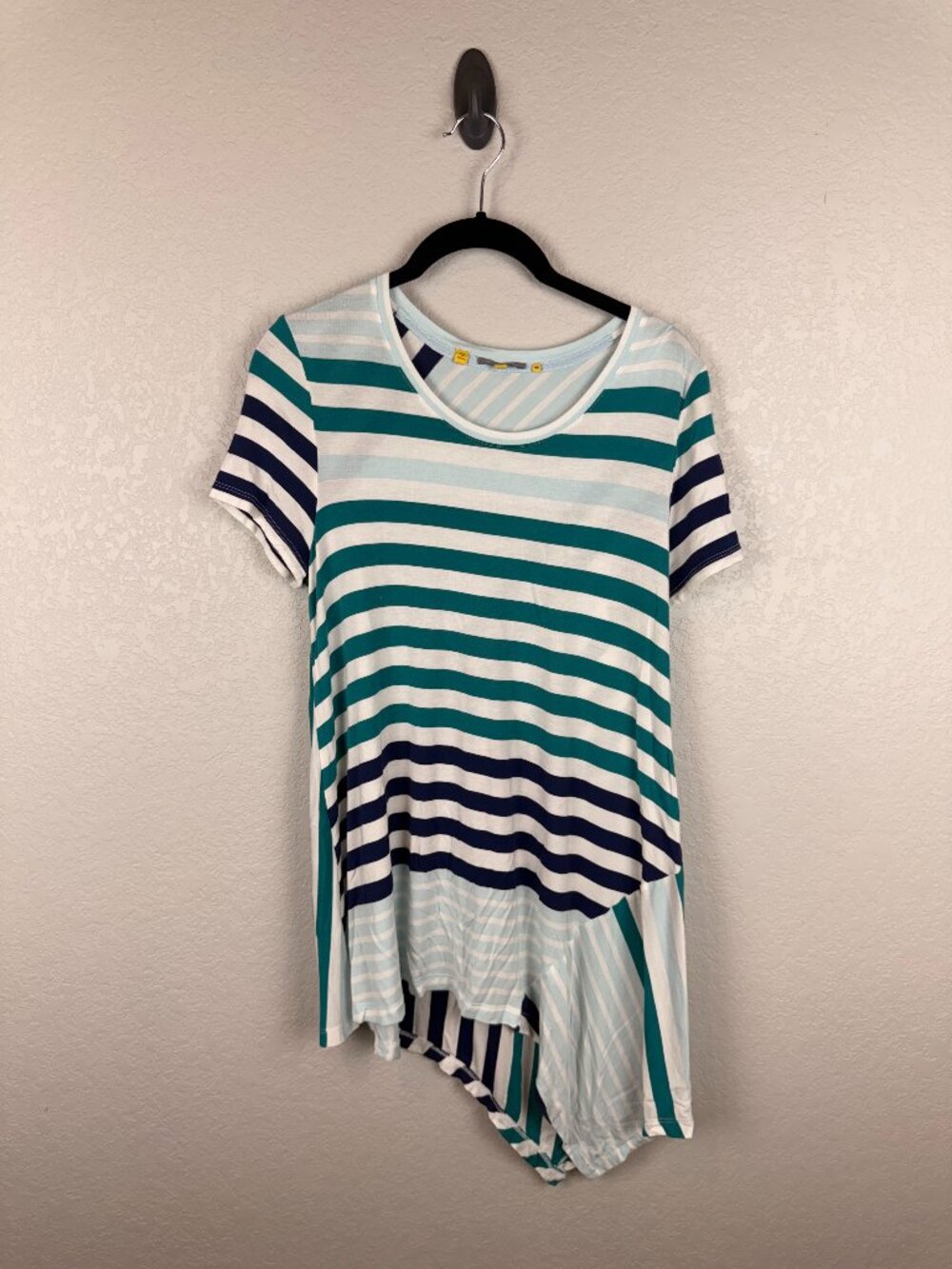 Little Yellow Button Women's Teal Navy Striped Asymmetrical Tunic Top Medium
